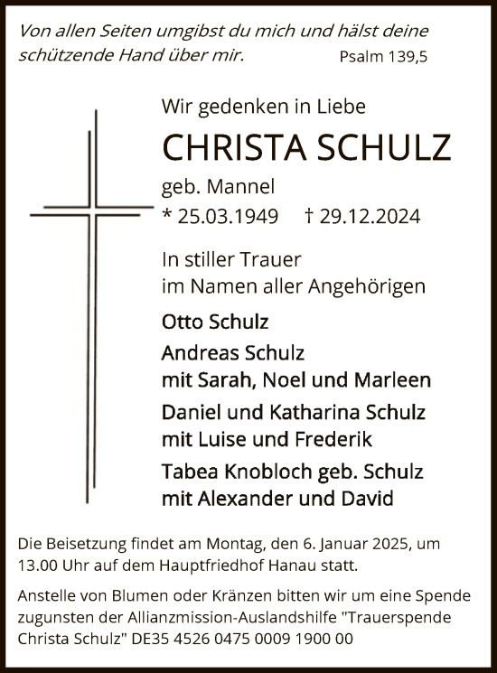 Todesanzeige von Christa Schulz von OF