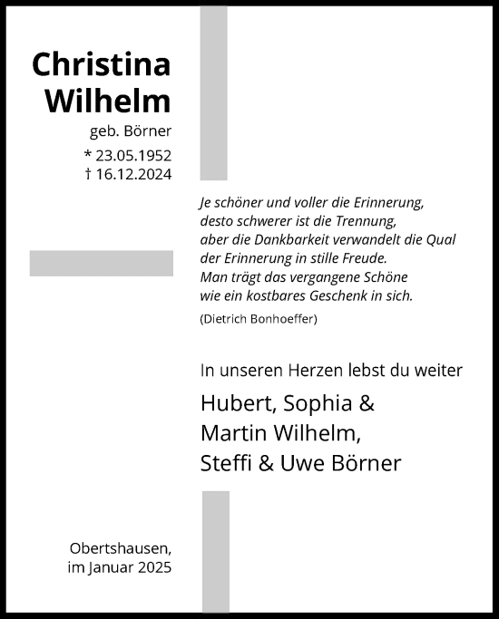 Todesanzeige von Christina Wilhelm von OF