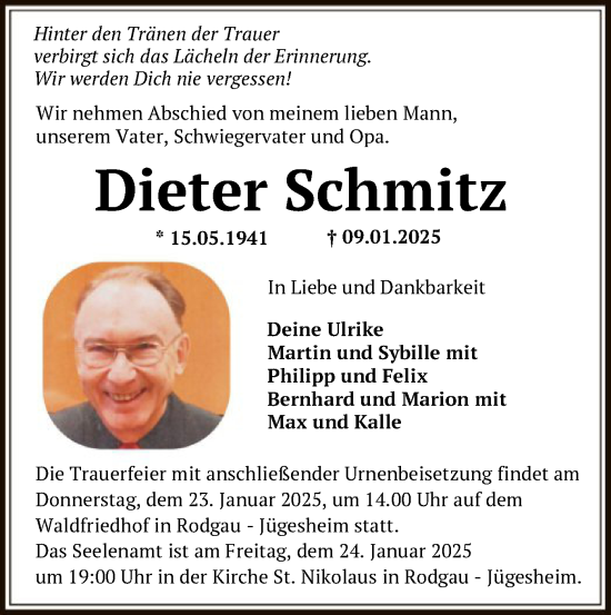 Todesanzeige von Dieter Schmitz von OF