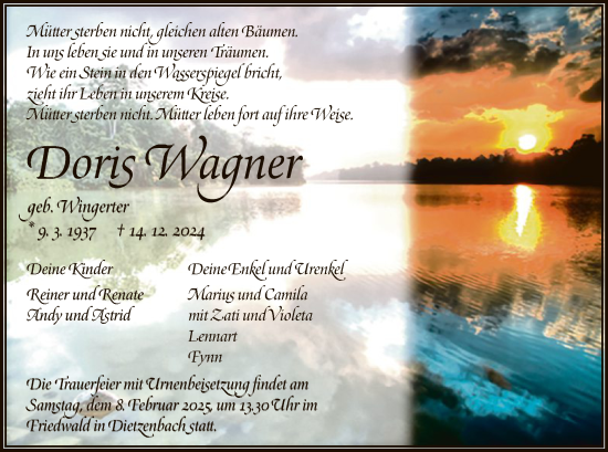 Todesanzeige von Doris Wagner von OF