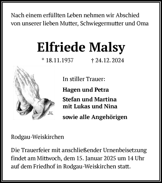 Todesanzeige von Elfriede Malsy von OF