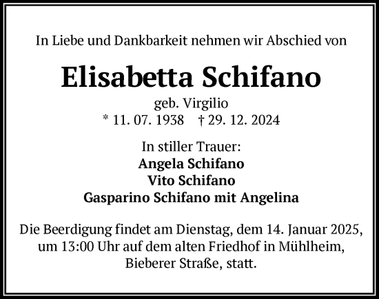 Todesanzeige von Elisabetta Schifano von OF