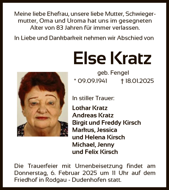 Todesanzeige von Else Kratz von OF
