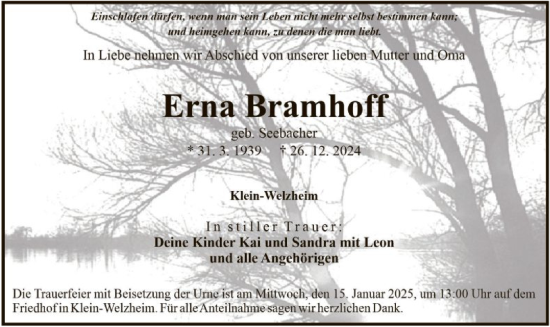 Todesanzeige von Erna Bramhoff von OF