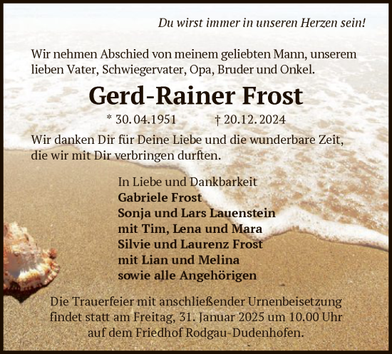 Todesanzeige von Gerd-Rainer Frost von OF