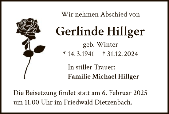 Todesanzeige von Gerlinde Hillger von OF