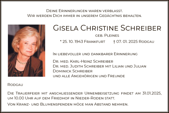 Todesanzeige von Gisela Christine Schreiber von OF