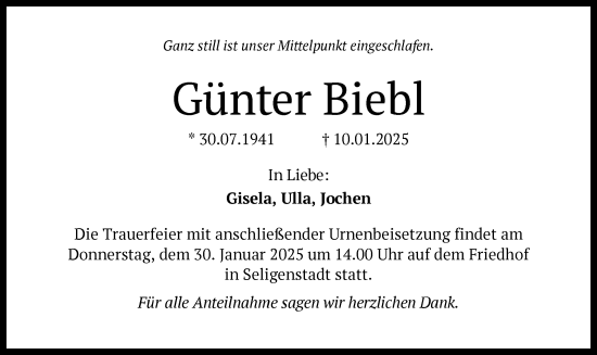 Todesanzeige von Günter Biebl von OF