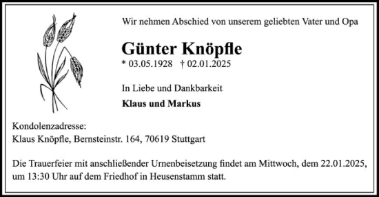 Todesanzeige von Günter Knüpfle von OF
