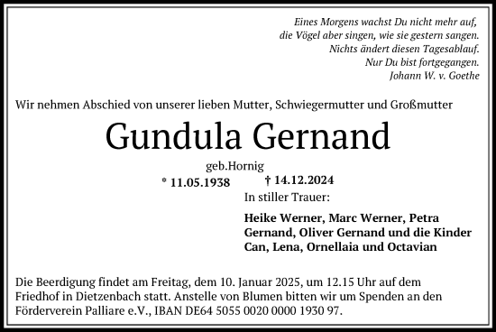 Todesanzeige von Gundula Gernand von OF