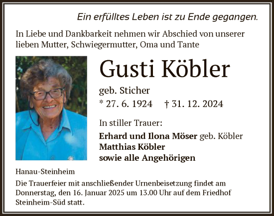Todesanzeige von Gusti Köbler von OF