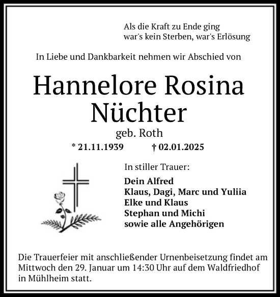 Todesanzeige von Hannelore Rosina Nüchter von OF