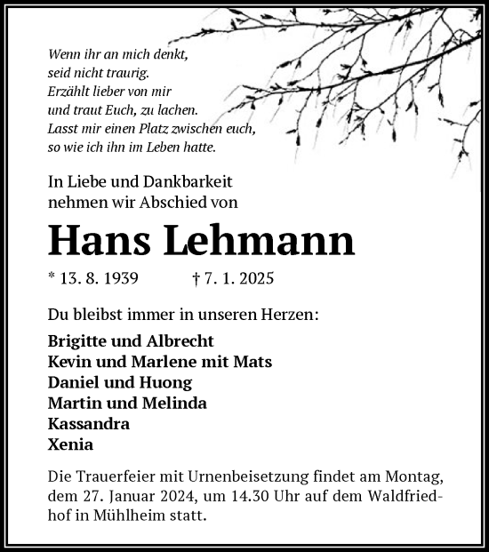 Todesanzeige von Hans Lehmann von OF