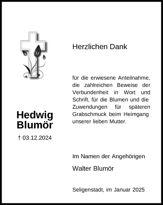 Todesanzeige von Hedwig Blumör von OF