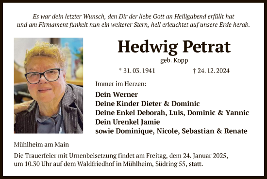 Todesanzeige von Hedwig Petrat von OF
