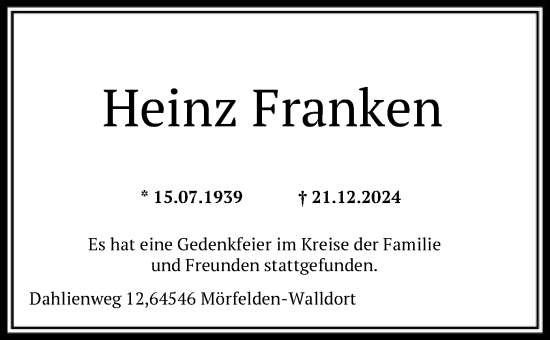 Todesanzeige von Heinz Franken von OF