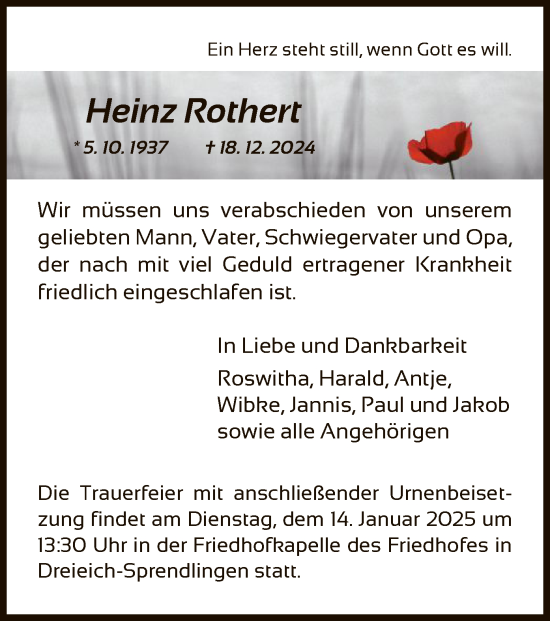 Todesanzeige von Heinz Rothert von OF