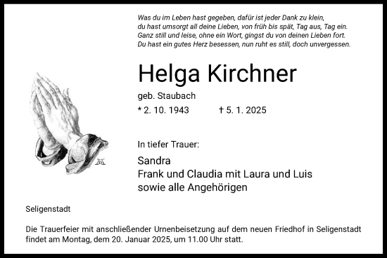 Todesanzeige von Helga Kirchner von OF