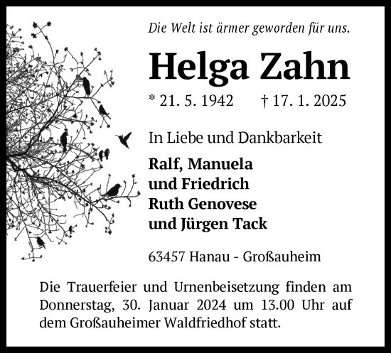 Todesanzeige von Helga Zahn von OF