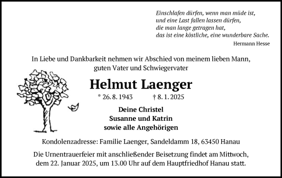 Todesanzeige von Helmut Laenger von OF