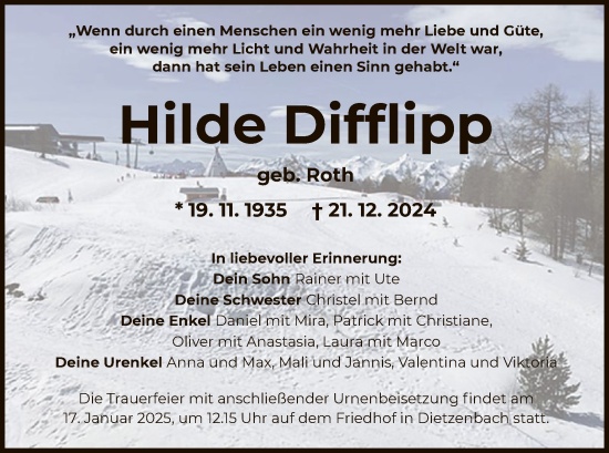 Todesanzeige von Hilde Difflipp von OF