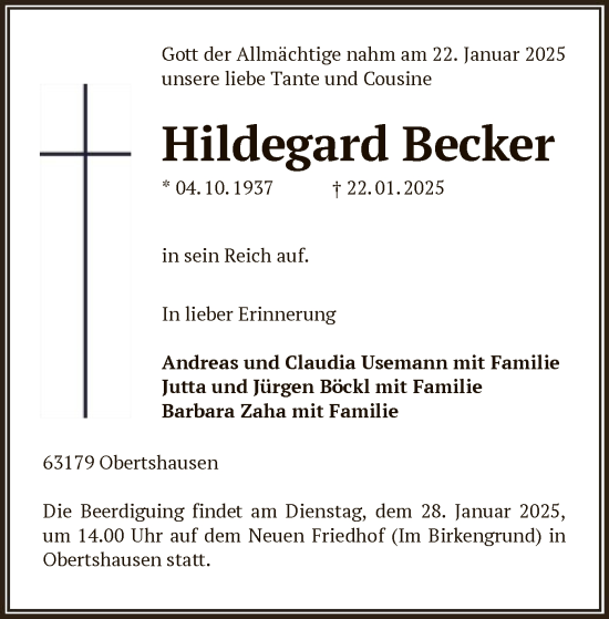 Todesanzeige von Hildegard Becker von OF