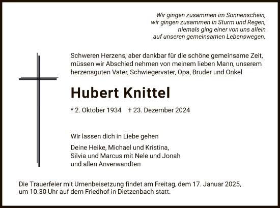 Todesanzeige von Hubert Knittel von OF