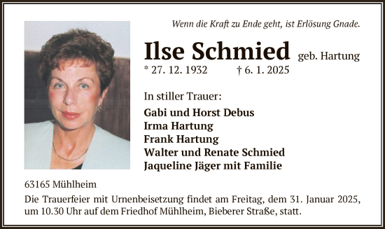 Todesanzeige von Ilse Schmied von OF