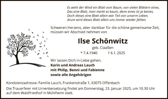 Todesanzeige von Ilse Schönwitz von OF