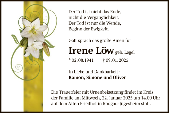 Todesanzeige von Irene Löw von OF