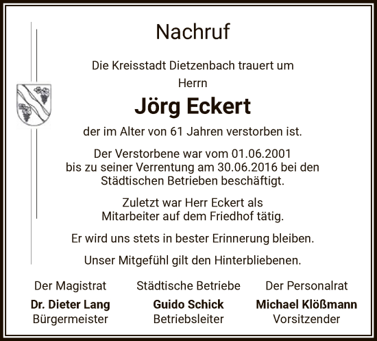 Todesanzeige von Jörg Eckert von OF
