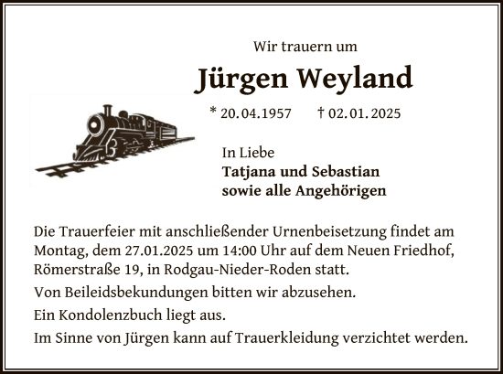 Todesanzeige von Jürgen Weyland von OF
