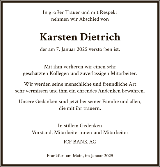 Todesanzeige von Karsten Dietrich von OF