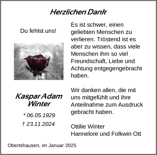 Todesanzeige von Kaspar Adam Winter von OF