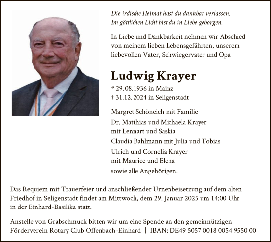 Todesanzeige von Ludwig Krayer von OF