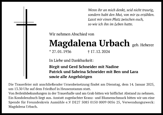 Todesanzeige von Magdalena Urbach von OF