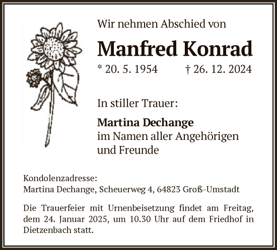 Todesanzeige von Manfred Konrad von OF