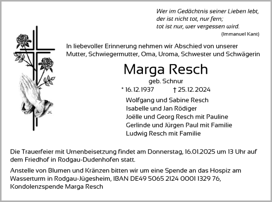 Todesanzeige von Marga Resch von OF