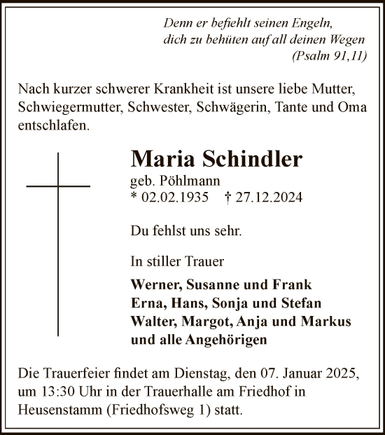 Todesanzeige von Maria Schindler von OF