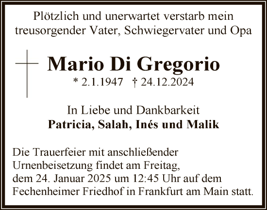 Todesanzeige von Mario Di Gregorio von OF