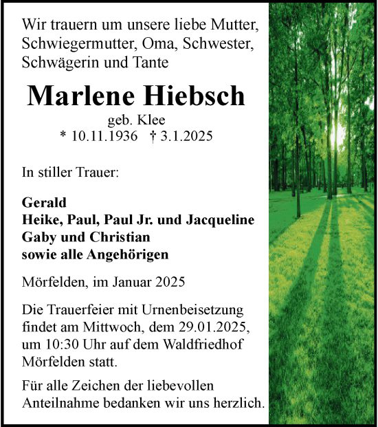 Todesanzeige von Marlene Hiebsch von OF