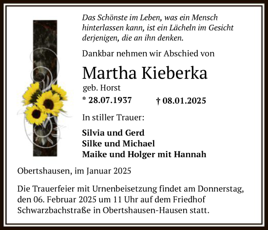 Todesanzeige von Martha Kieberka von OF