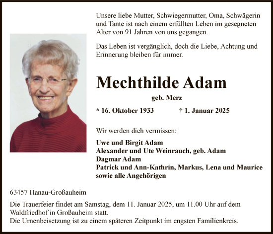 Todesanzeige von Mechthilde Adam von OF
