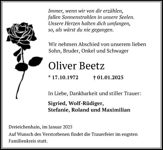 Todesanzeige von Oliver Beetz von OF