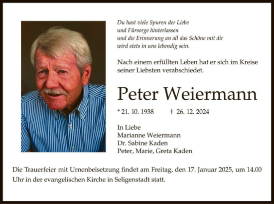 Todesanzeige von Peter Weiermann von OF