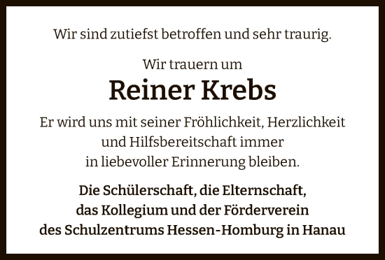Todesanzeige von Reiner Krebs von OF