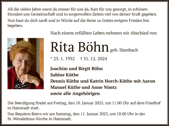 Todesanzeige von Rita Böhn von OF