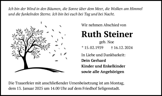 Todesanzeige von Ruth Steiner von OF
