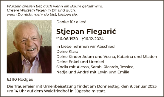 Todesanzeige von Stjepan Flegaric von OF