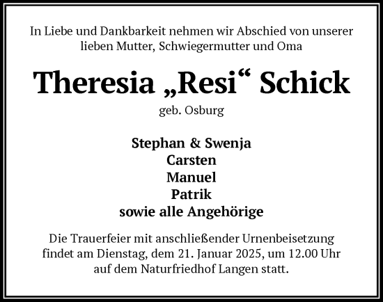 Todesanzeige von Theresia Schick von OF